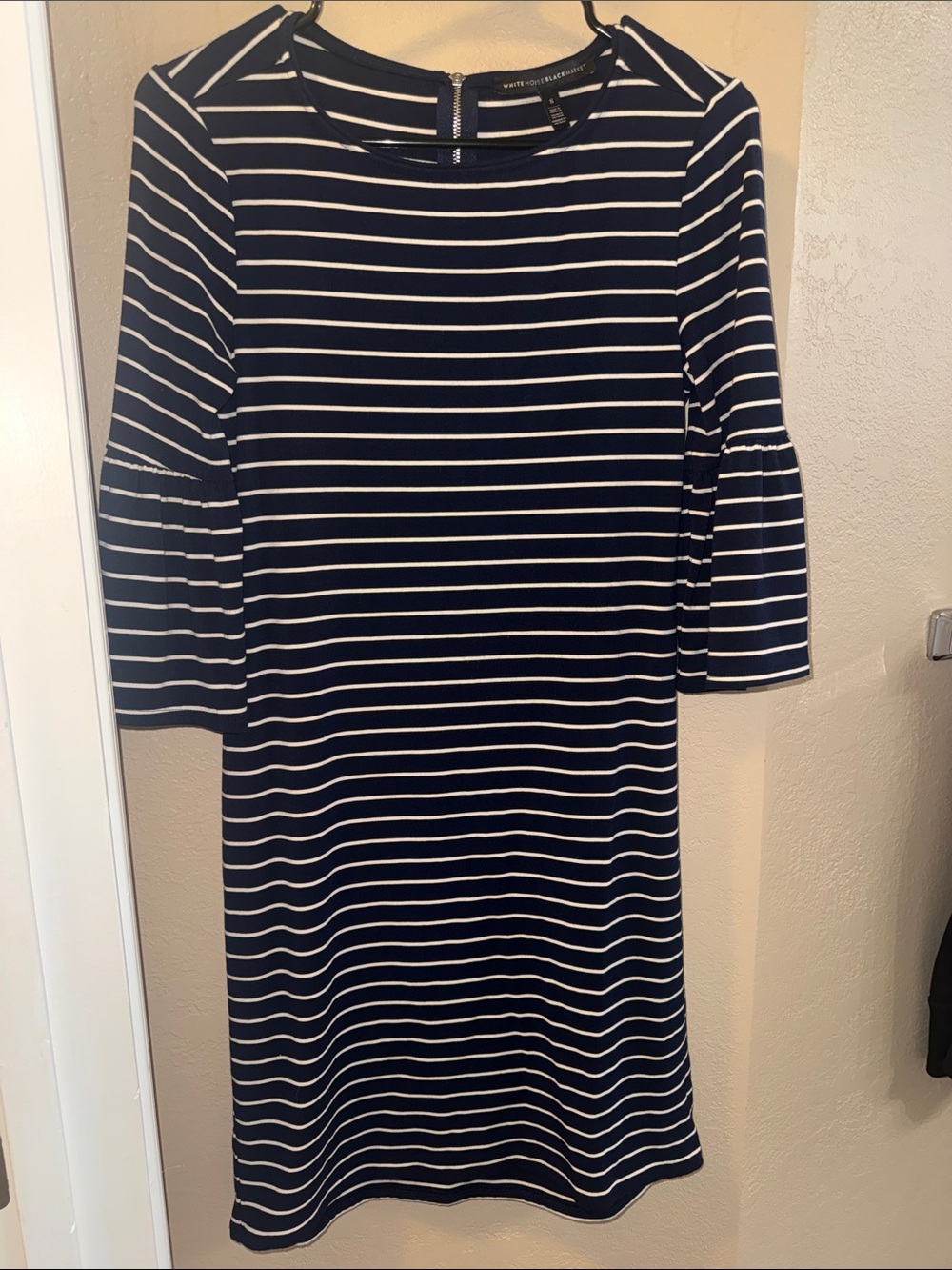 Small White House Black Market Navy & White Stripe Bell-Sleeve Midi Dress